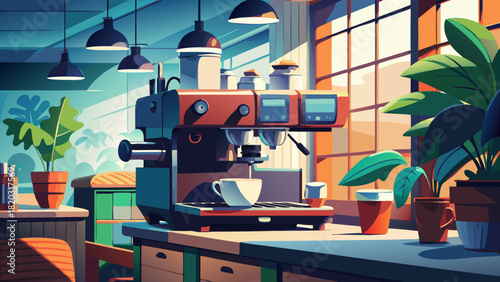 Modern coffee shop scene with stylish espresso machine and plants bathed in sunlight, creating a vibrant and inviting cafe atmosphere perfect for coffee lovers