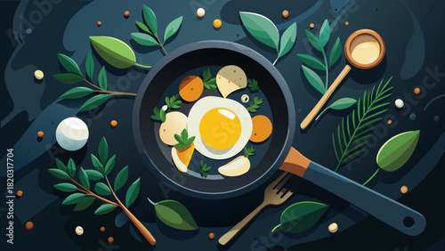 Delicious breakfast skillet with fresh greens and vibrant egg yolk, a modern culinary creation perfect for healthy lifestyle promotion and restaurant menus