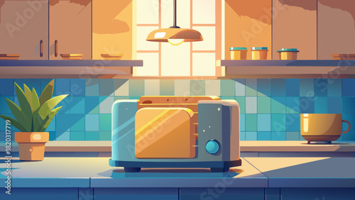 Cozy kitchen scene with vintage toaster and warm sunlight, perfect for a bright morning, bringing comfort and nostalgia to any project, originally vector