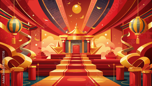 Stunning palace interior design celebrating Lunar New Year, traditional festive decorations, cultural richness, vibrant oriental artistry, golden accents everywhere