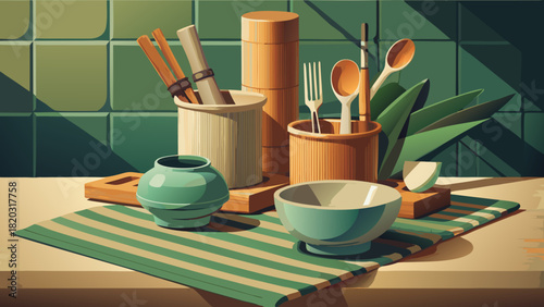 Stylish kitchen still life with serving bowls and utensils for a modern home, creating a serene and inviting culinary space, originally a scalable graphic