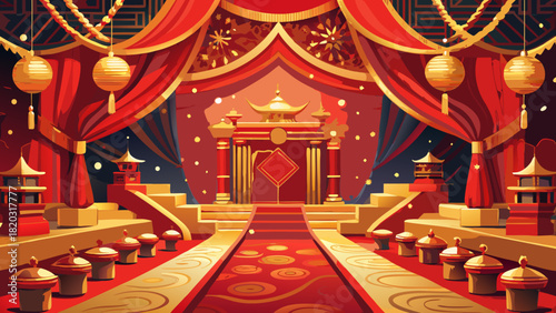 Stunning Chinese New Year stage design, perfect for virtual events or celebratory backdrops, bringing a festive and auspicious atmosphere to any occasion