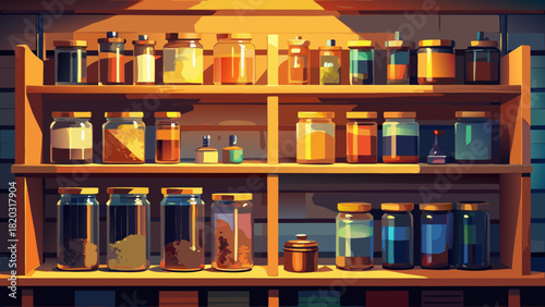Charming pantry shelves brimming with colorful jars and containers, evoking a cozy kitchen atmosphere and the joy of home cooking and organization