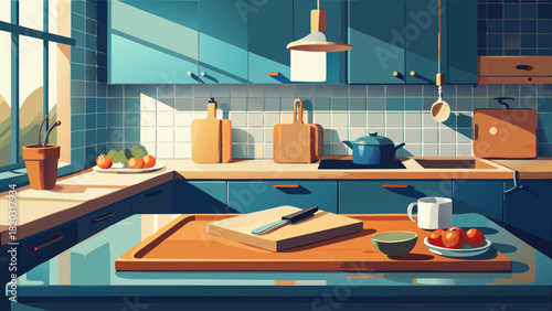 Stylish kitchen scene with vibrant colors and cooking essentials, perfect for modern home design inspiration and culinary content projects, eye-catching aesthetic