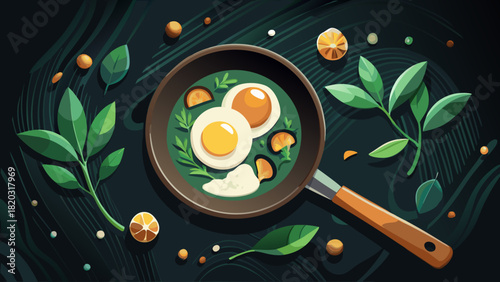 Delicious breakfast skillet with fresh greens and vibrant egg yolk, a modern culinary creation perfect for healthy lifestyle promotion and restaurant menus