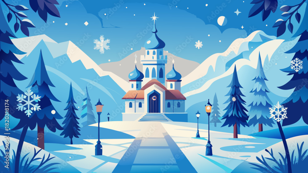Fototapeta premium Enchanting winter castle landscape, a snowy wonderland scene evoking fantasy and magic, inviting fairy tales and holiday cheer in a vector style
