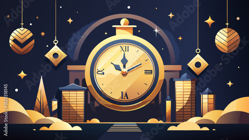Celebrate the New Year with this Stunning Golden Clock Above a Cityscape, Perfect for Holiday Greetings and Invitations - Vector Origin