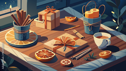 Cozy winter holiday gifts and treats, with cinnamon sticks, citrus slices, and hot coffee, evoking feelings of warmth and relaxation for festive season