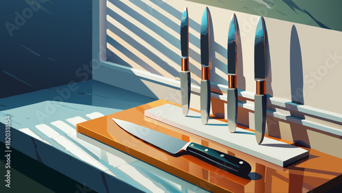 Sleek chef knives ready for culinary creation in modern kitchen, inviting cooking and professional food preparation, sharp tools for gastronomy delights