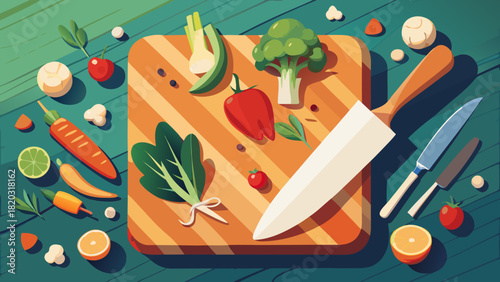 Fresh ingredients ready for culinary creation, featuring vibrant vegetables, a chef's hat, and a sharp knife, perfect for illustrating cooking concepts
