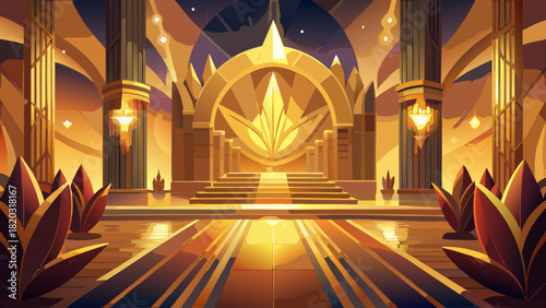 Stunning golden palace with grand archway, creating a sense of luxury and wonder, perfect for fantasy settings or sophisticated design projects