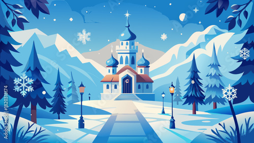 Enchanting winter castle landscape, a snowy wonderland scene evoking fantasy and magic, inviting fairy tales and holiday cheer in a vector style