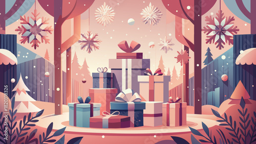 Delightful festive gifts await in a charming winter wonderland, perfect for holiday promotions and seasonal greetings with a touch of whimsical magic