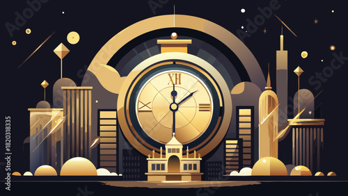 Celebrate the New Year with this Stunning Golden Clock Above a Cityscape, Perfect for Holiday Greetings and Invitations - Vector Origin