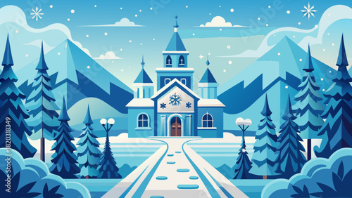 Enchanting winter castle landscape, a snowy wonderland scene evoking fantasy and magic, inviting fairy tales and holiday cheer in a vector style