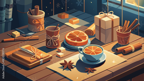 Cozy winter holiday gifts and treats, with cinnamon sticks, citrus slices, and hot coffee, evoking feelings of warmth and relaxation for festive season