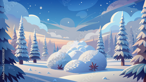 Enchanting winter landscape with snow-covered mountains and vibrant evergreens, evoking a sense of peace and holiday magic, perfect for festive designs