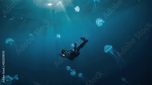 Wallpaper Mural Person swimming underwater with jellyfish Torontodigital.ca