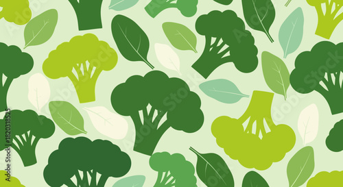 A Vibrant Seamless Pattern Showcases An Array Of Green Broccoli Florets And Spinach Leaves Flat
