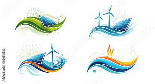 Clean Energy Concepts Are Creatively Illustrated With Solar Panels Wind Turbines And Fire Imagery
