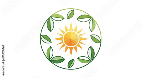 A Vibrant Sunburst Radiates Within A Circle Adorned With Stylized Green Leaves On A Clean White
