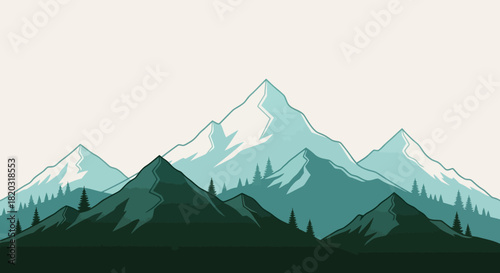 Minimalist Landscape Art Depicting Several Mountain Peaks And Pine Trees In Teal And Dark Green
