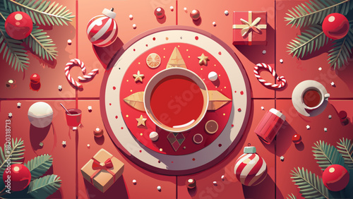Festive Christmas beverage scene with ornaments and gifts, perfect for holiday greetings, seasonal promotions, and cozy winter designs, evokes joy and warmth