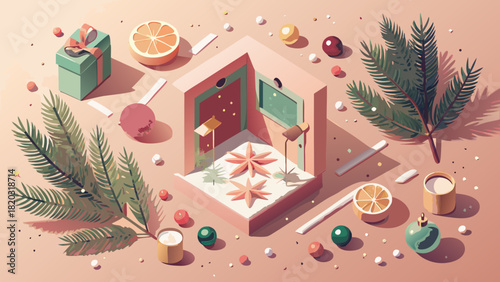 Festive holiday cheer with gifts, ornaments, and citrus, perfect for seasonal promotions and joyful social media posts with a modern, whimsical touch