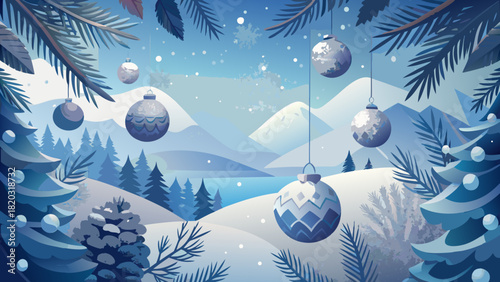 Enchanting winter wonderland scene with snow-covered mountains, Christmas ornaments, and evergreen trees evokes holiday cheer for seasonal designs