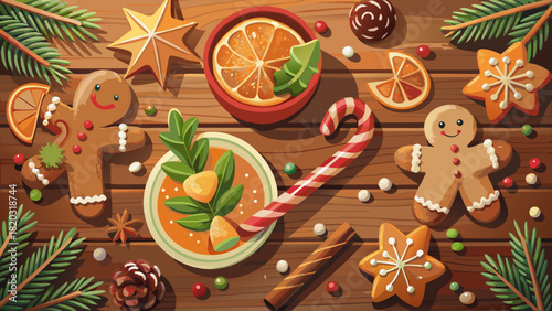 Festive holiday treat arrangement with cheerful gingerbread cookies, vibrant oranges, and candy canes, perfect for creating a warm seasonal atmosphere