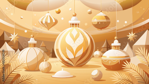 Golden Eid Mubarak celebration illustration with ornaments and stars, perfect for Ramadan greetings and festive designs, originally a scalable vector graphic