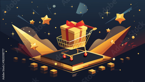 Festive shopping cart filled with a gift wrapped in a red bow, surrounded by golden stars and presents for the holidays, perfect for e-commerce promotions