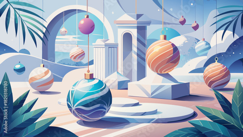 Modern Christmas Ornaments Dreamy Scene, Perfect for Holiday Greetings and Winter Promotions, Evoking Festive Cheer and Elegant Celebrations, Scalable Design