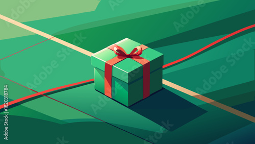 Festive isometric gift box with red ribbon creates a cheerful celebration mood, perfect for holidays, birthdays, and special occasions with a touch of elegance