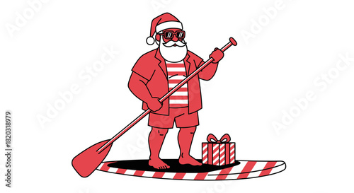 Santa paddleboarding with gift enjoys a tropical Christmas vacation