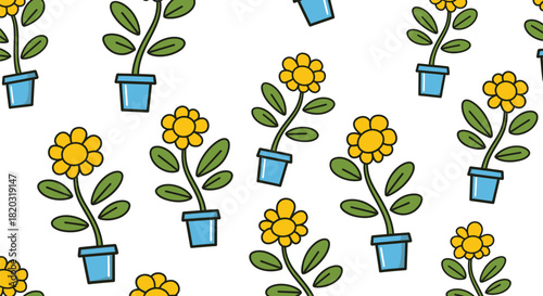 Cheerful yellow flowers in blue pots seamless pattern background