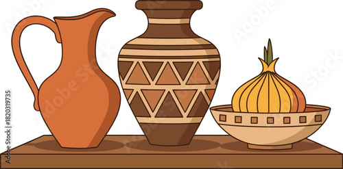 Rustic Still Life Vector Illustration Featuring Clay Earthenware Pitcher, Patterned Vase, and Sprouting Onion in a Ceramic Bowl on a Wooden Shelf.