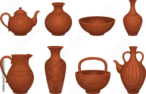 Traditional Clay Pottery and Ceramic Vessel Vector Set Featuring Handcrafted Teapots, Pitchers, Vases, and Bowls with Rustic Earthenware Texture and Patterns.