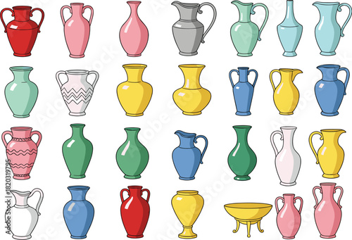 Large Colorful Ceramic Vase and Pitcher Vector Collection Set of Antique Greek and Roman Style Amphora and Jugs for History, Decor, and Interior Design.