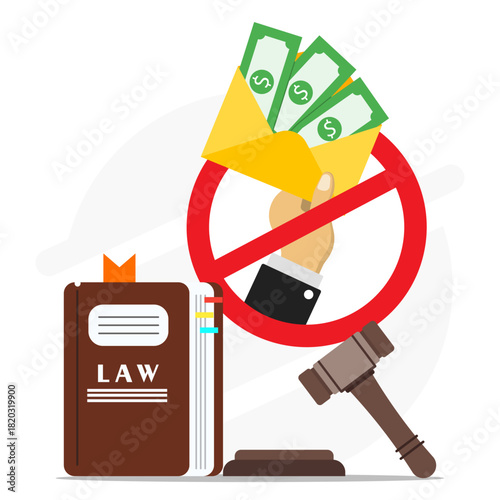 Law book, gavel, and bribery concept with rejection symbol. Suitable for legal, justice, ethics, and anticorruption concepts in design.