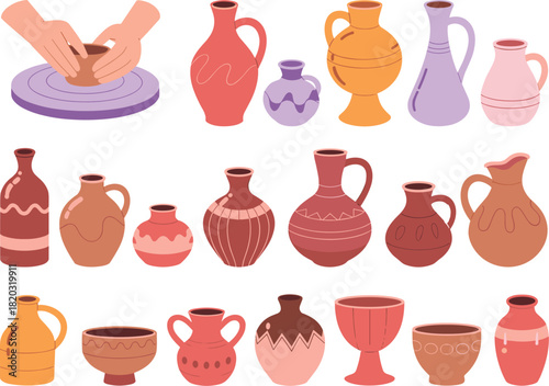 Handmade Pottery Workshop Vector Illustration Collection Featuring Hands on a Potter's Wheel, Various Rustic Clay Vases, Jugs, and Bowls with Decorative Patterns.