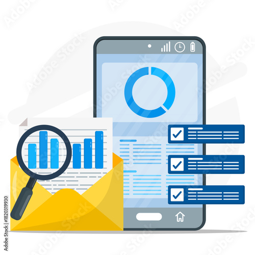 Smartphone showing data next to charts in an envelope with a magnifying glass. Great for financial analysis and data visualization projects.
