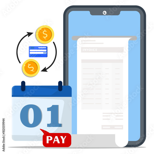 Online mobile payment concept with calendar and coins is ideal for finance industry blog posts, website banners, and social media graphics.