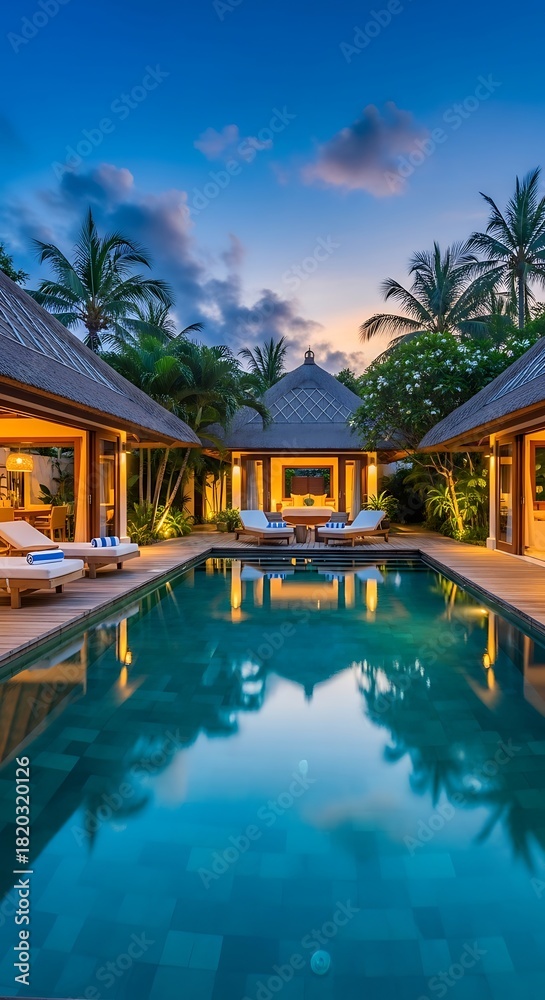Obraz premium Luxury Tropical Villa with Infinity Pool at Sunset.