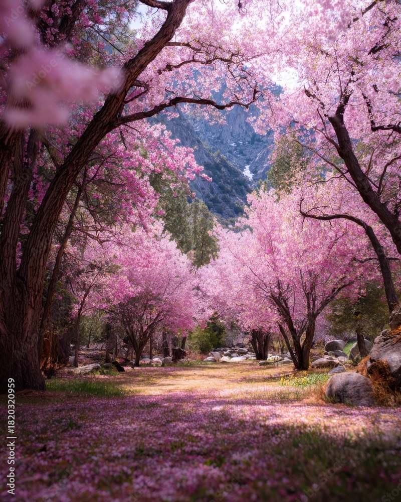 Naklejka premium Sunlit Forest Clearing with Pink Cherry Blossom Trees and Petal Carpet sakura pink flowers