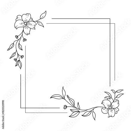 Floral and square hand drawn style.Floral black and white frame of twigs, leaves and flowers. Frames for the Valentine's day, wedding decor, logo and identity template.