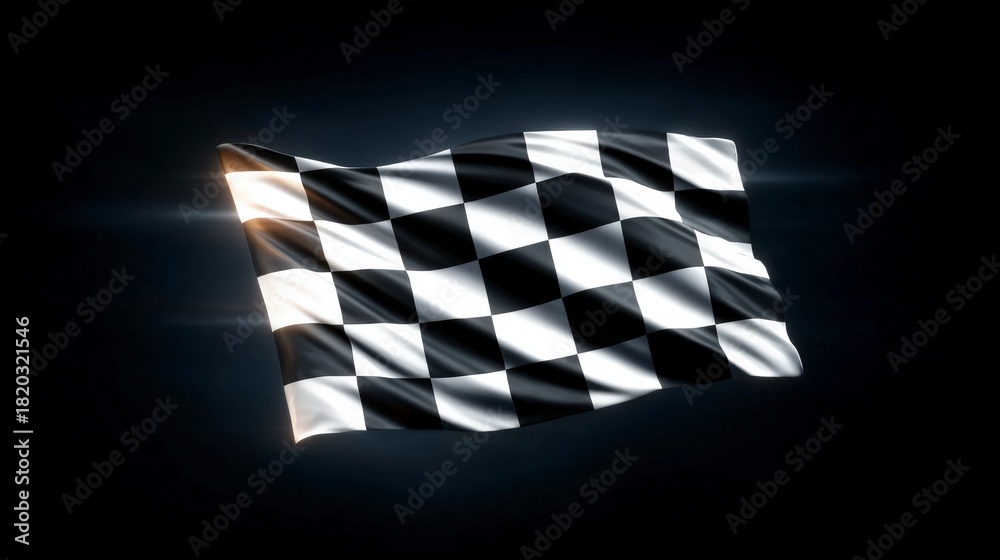 Naklejka premium Waving black and white checkered flag against a dark background with bright lens flare effects