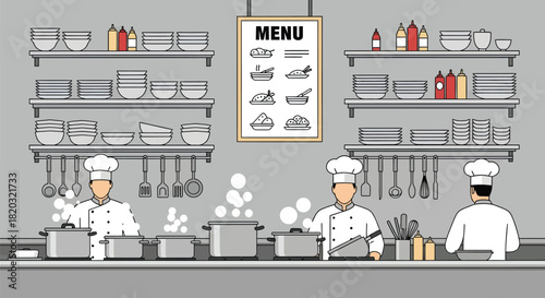 Three Chefs Actively Cooking Meals in a Restaurant Kitchen