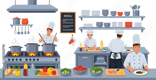 Professional Chefs Preparing Meals in a Bustling Kitchen