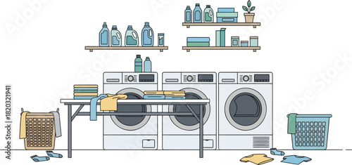 Modern Laundry Room with Machines and Supplies